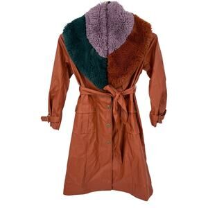 Anthropologie Hutch Bowie Long Trench Coat Belted Faux Leather Fur Size Medium
